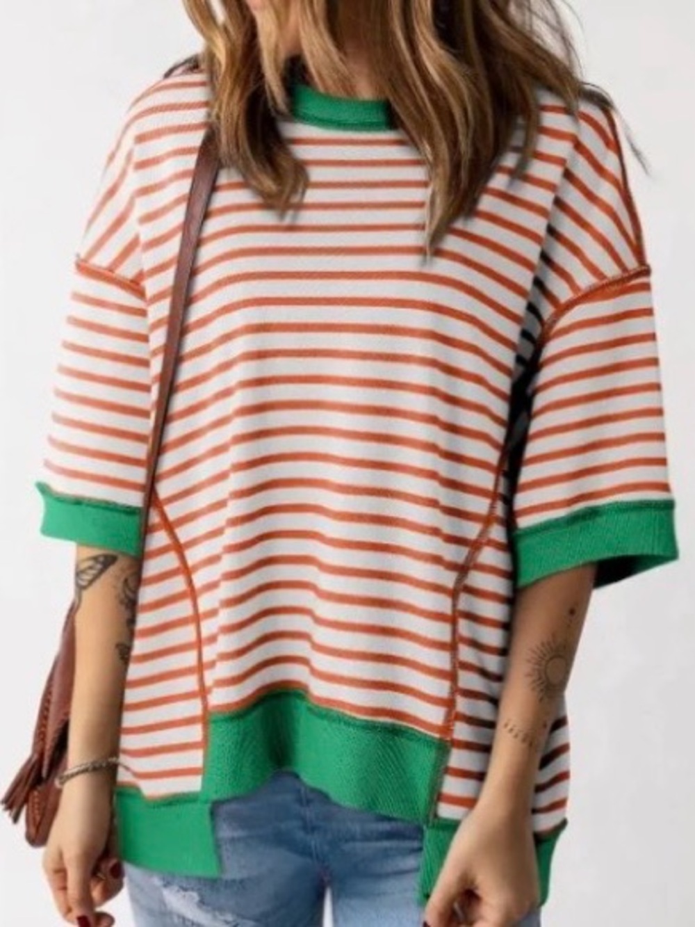 Casual Striped Short-Sleeve Sweater Top - Orange & Green